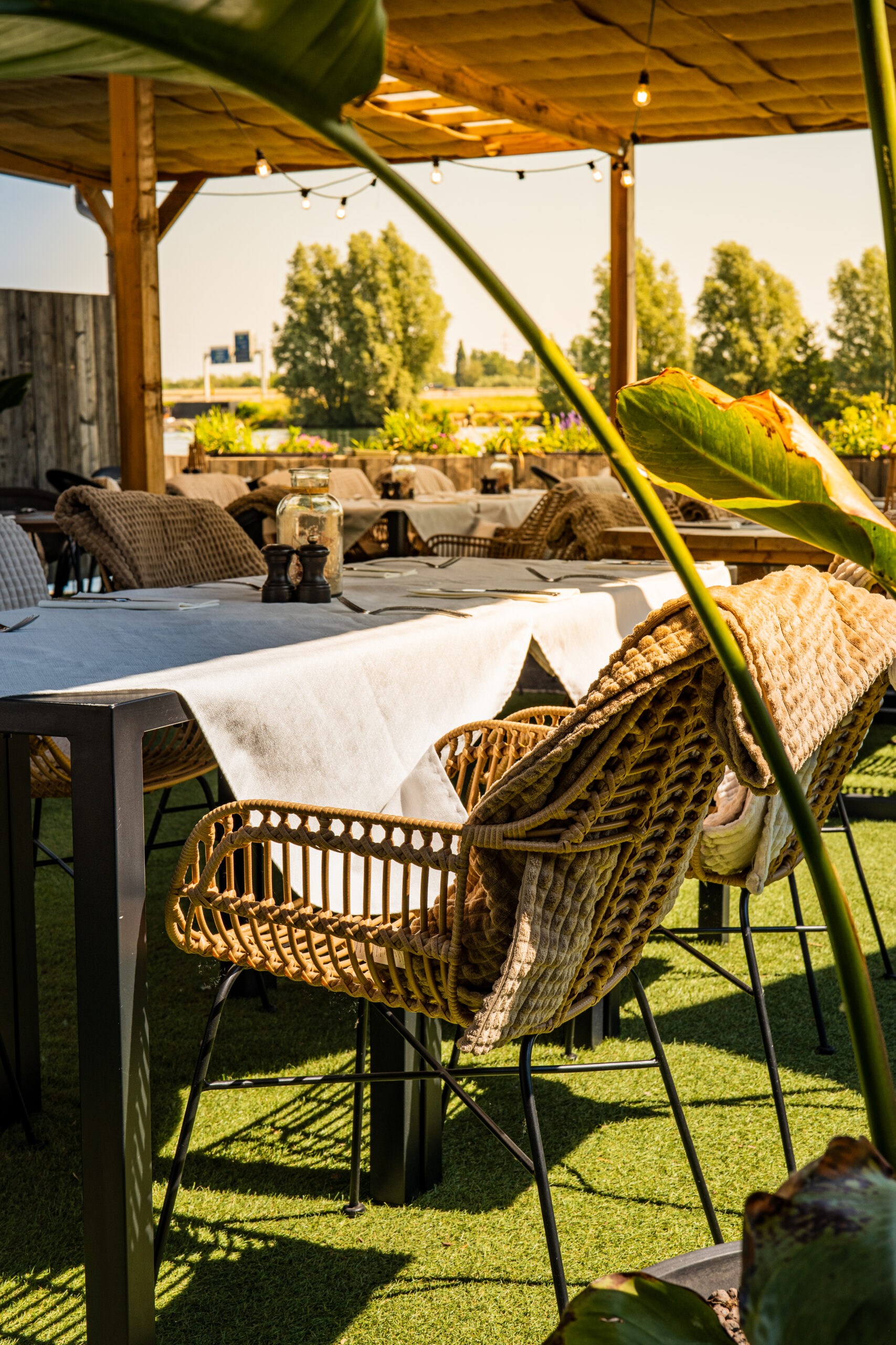Terras- en patio meubilair met Palm arm chair in een sfeervolle setting waar buiten het nieuwe binnen wordt.