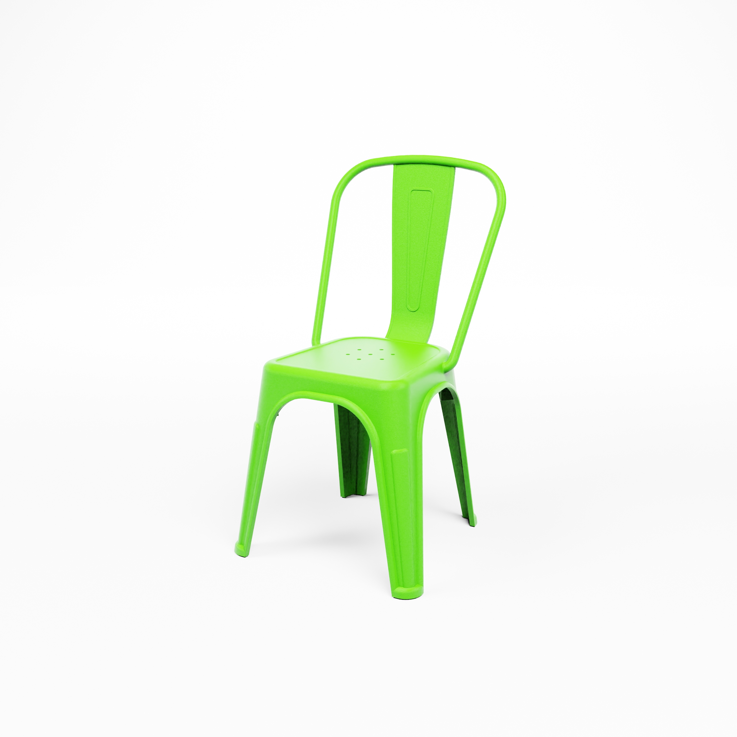 TOLIX PP_CAIR_GREEN_Vue basse Face avant de chaise empilable Tolix Style en polypropylène vert. Idéale pour les food trucks, les festivals de street food, les parcs de loisirs et de jeux, les concepts éphémères et autres événements colorés.