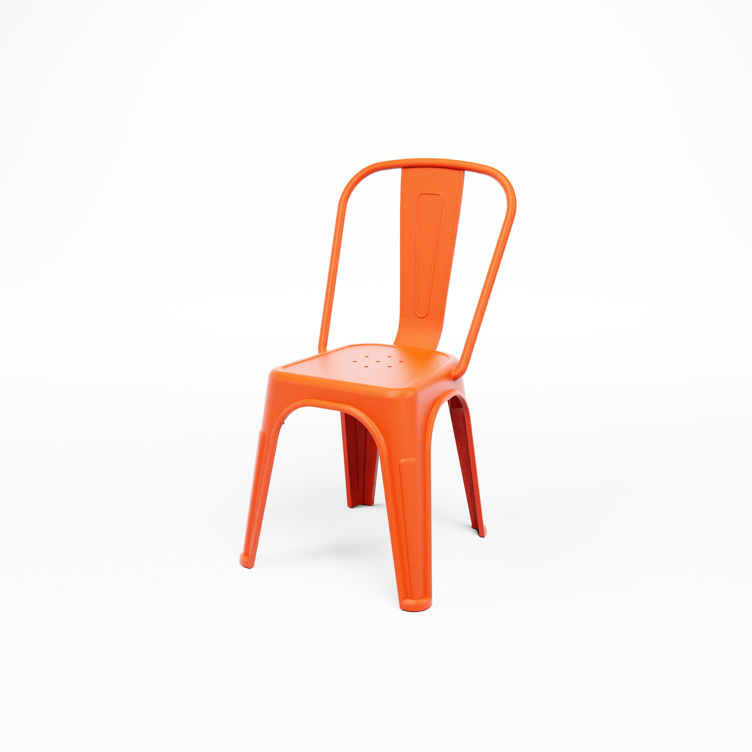 TOLIX PP_CHAIR_ORANGE_Vue basse Face avant de chaise empilable Tolix Style en polypropylène orange. Idéale pour les food trucks, les festivals de street food, les parcs de loisirs et de jeux, les concepts éphémères et autres événements colorés.