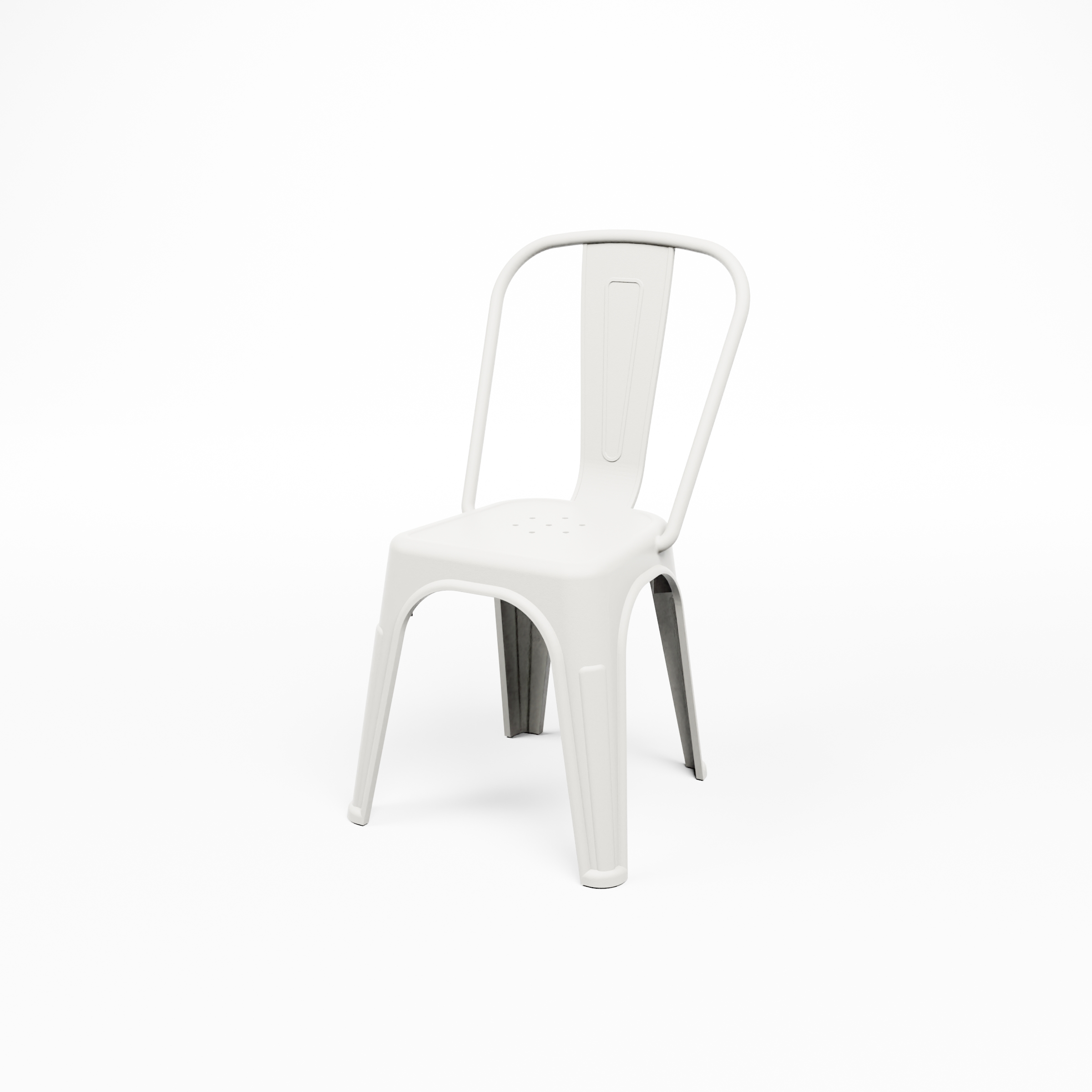 TOLIX PP_CHAIR_BLANC_Vue basse Façade de chaise empilable Tolix Style en polypropylène blanc. Idéale pour les food trucks, les festivals de street food, les parcs de loisirs et de jeux, les concepts éphémères et autres événements colorés.