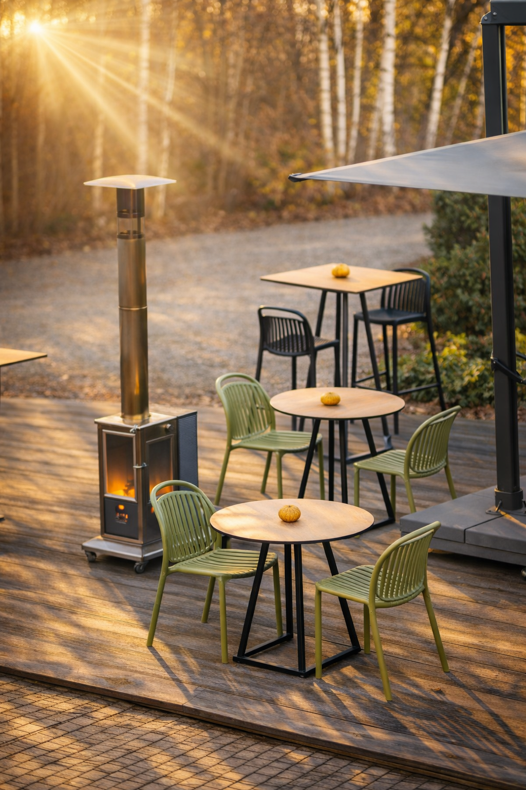 Een zonnig terras met de Linea tafel collecties van Flexfurn. Een hoge statafel met vierkantig roest decor tafelblad en twee comfortabele zwarte Strato stapel barstoelen, en daarnaast twee Linea dinner tafels met rond tafelblad diameter 80 ook afgewerkt in roest decor met aan elke tafel twee groene Strato stapelstoelen.