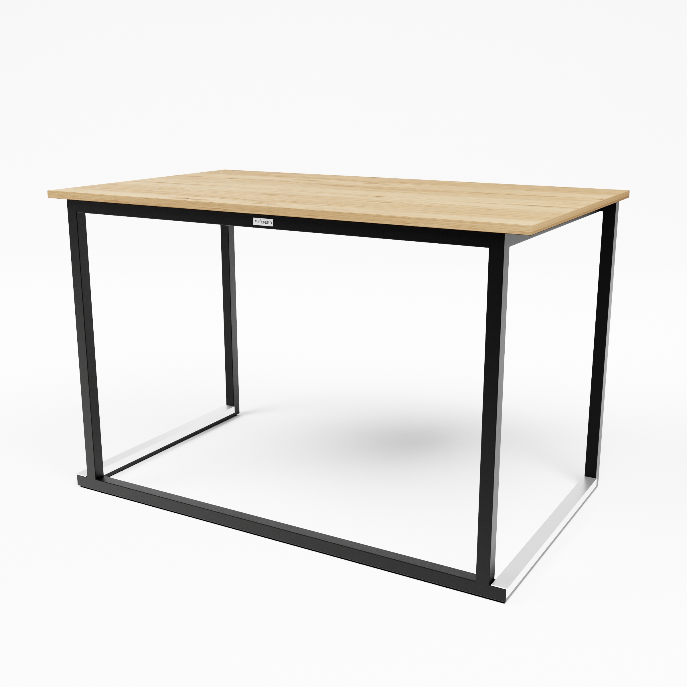 Schwarzer Kubo-Esstisch von Flexfurn mit einer hellen Melamin-Tischplatte in Eichenoptik.