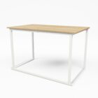 Weißer Kubo-Esstisch von Flexfurn mit einer hellen Melamin-Tischplatte in Eichenoptik.