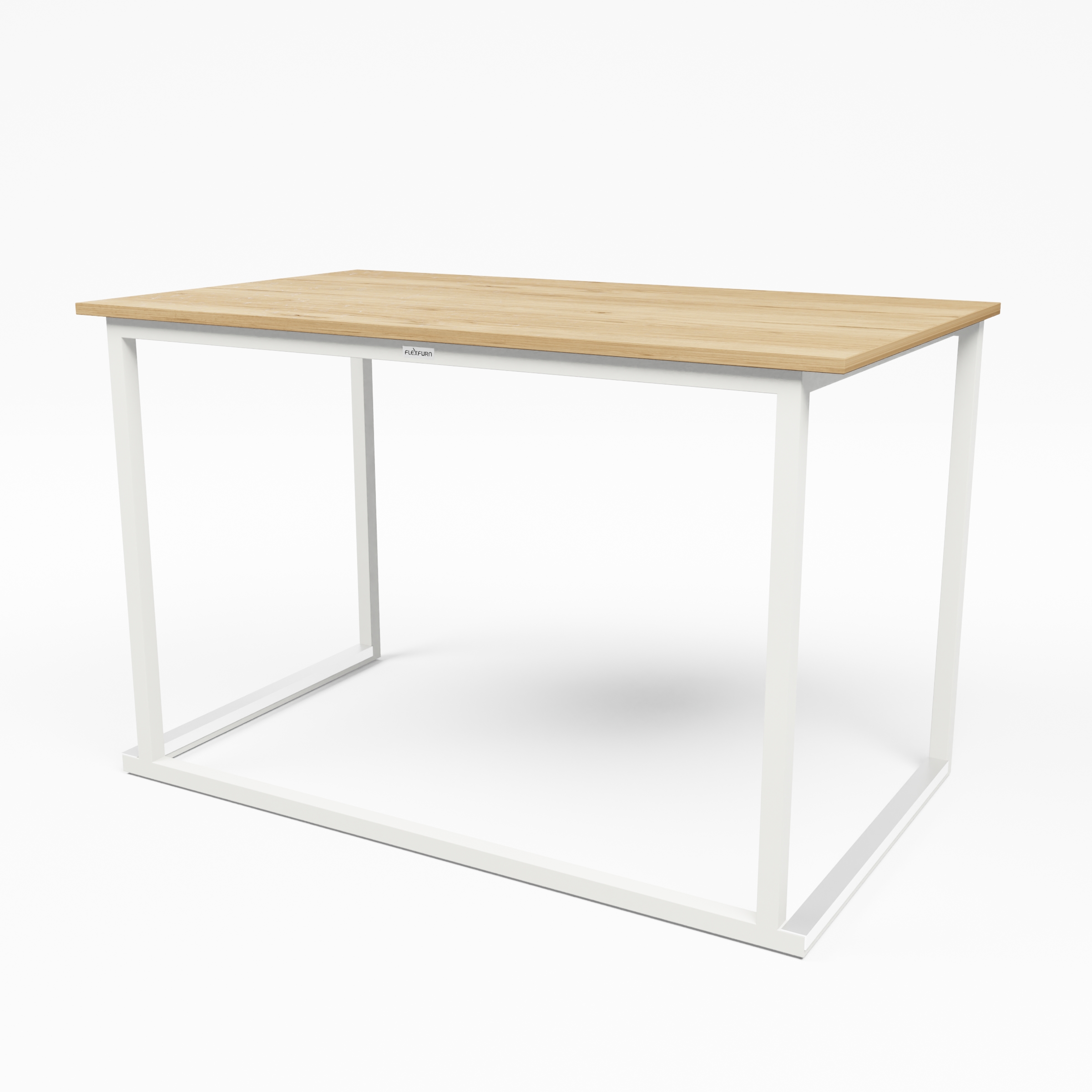 Weißer Kubo-Esstisch von Flexfurn mit einer hellen Melamin-Tischplatte in Eichenoptik.