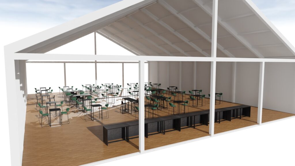 3D-Visualisierung des VIP-Raums von Lommel SK mit Flexfurn-Möbeln: Teddy-Barhocker, Kubo-Partytische und Flow-Partytische.