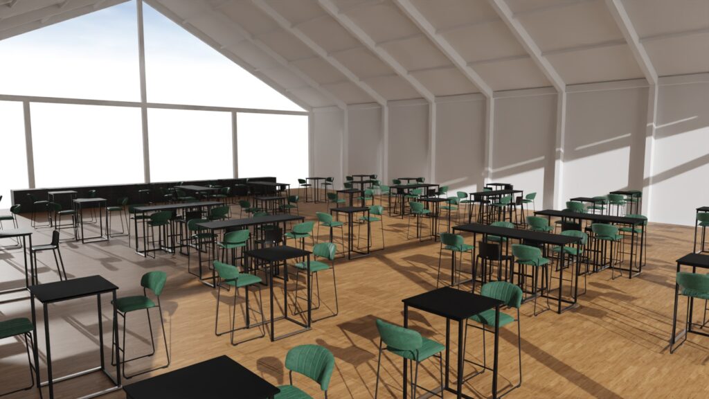 3D-Visualisierung des VIP-Raums von Lommel SK mit Flexfurn-Möbeln: Teddy-Barhocker, Kubo-Partytische und Flow-Partytische.