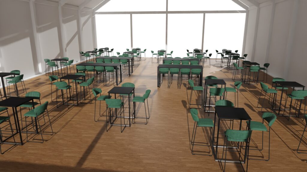3D-Visualisierung des VIP-Raums von Lommel SK mit Flexfurn-Möbeln: Teddy-Barhocker, Kubo-Partytische und Flow-Partytische.
