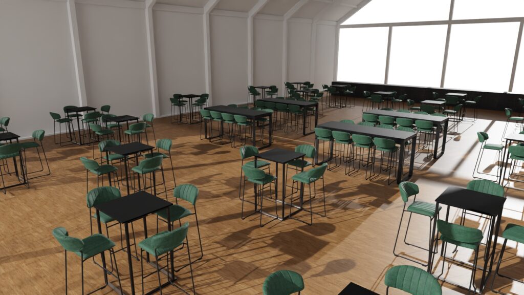 3D-Visualisierung des VIP-Raums von Lommel SK mit Flexfurn-Möbeln: Teddy-Barhocker, Kubo-Partytische und Flow-Partytische.